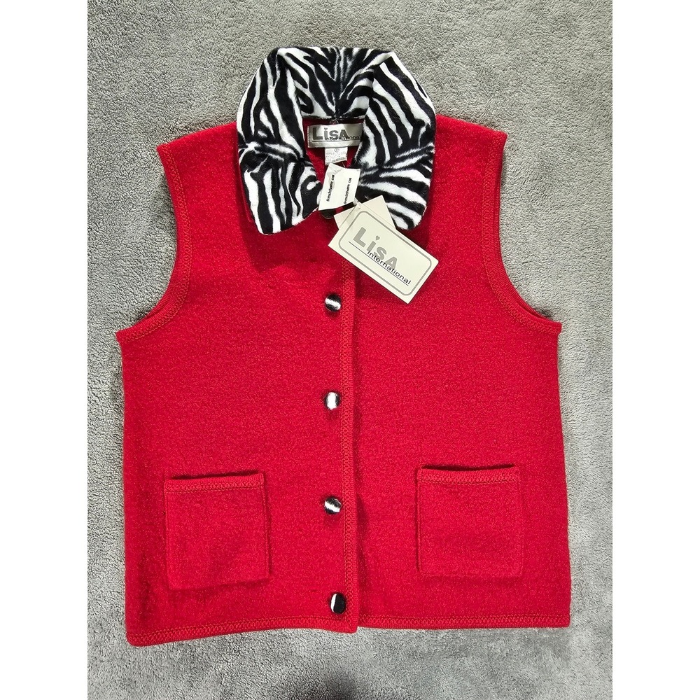 Lisa International Red Boiled Wool Vest Zebra Faux Fur Detachable Collar Small